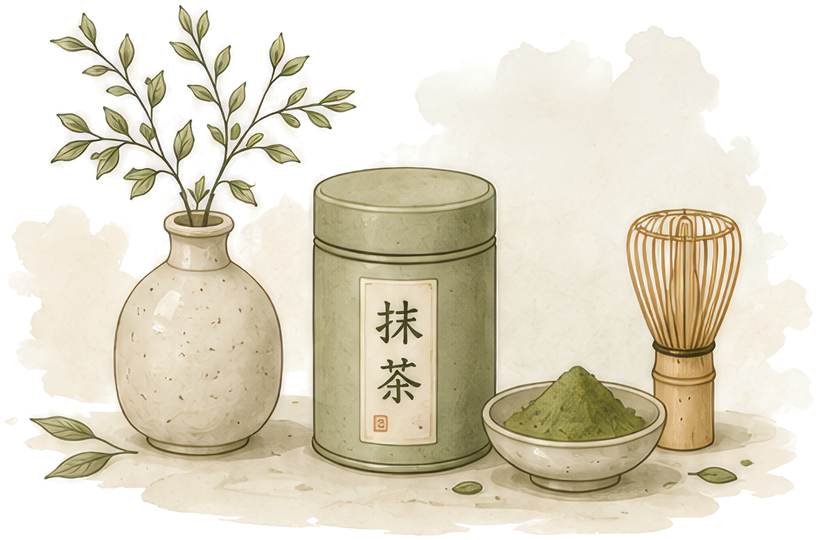 Illustration of a ceramic vase of leafy branches, a sage-green matcha tin, a bowl of matcha powder and a bamboo whisk