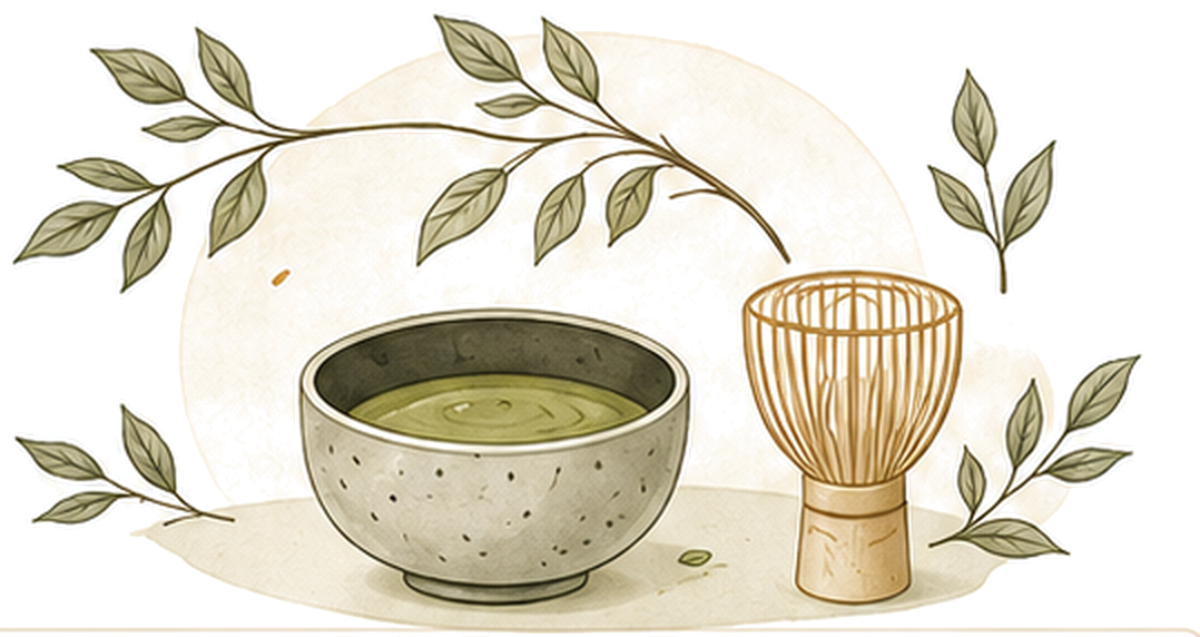 Illustration of a ceramic bowl of whisked matcha beside a bamboo chasen, framed by an arching leafy branch