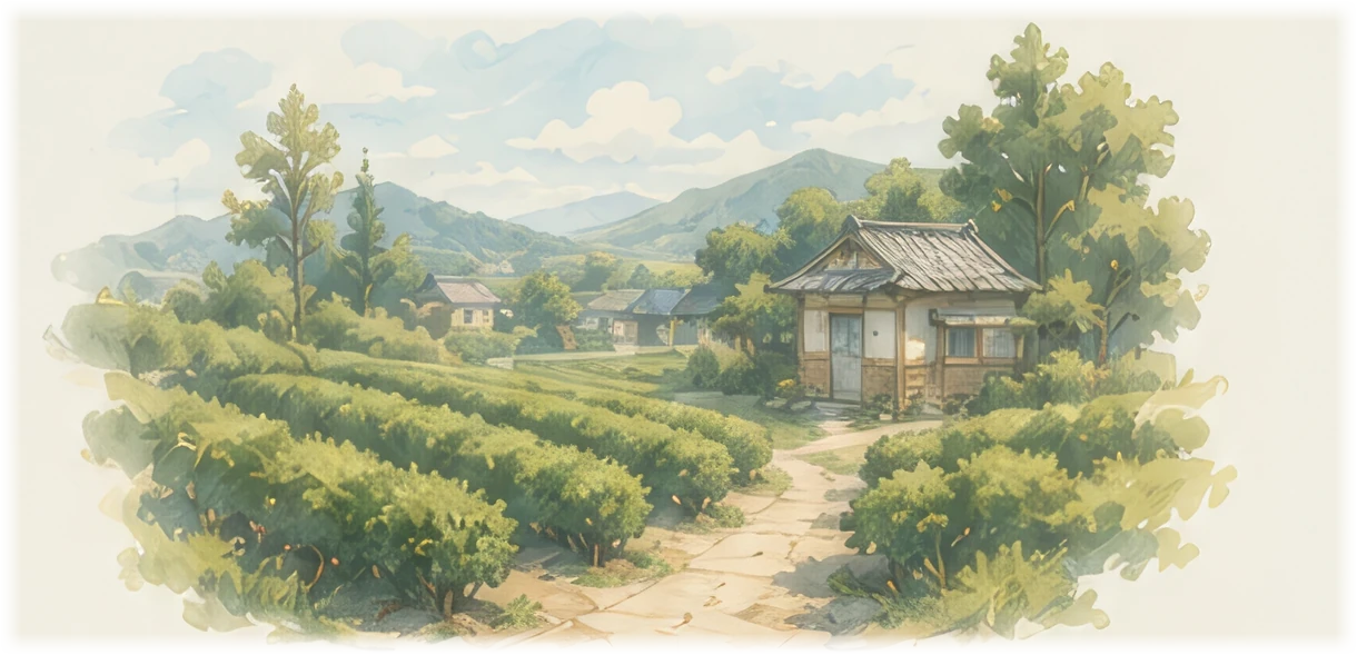 Terraced tea fields with a path leading to a small farmhouse below distant mountains