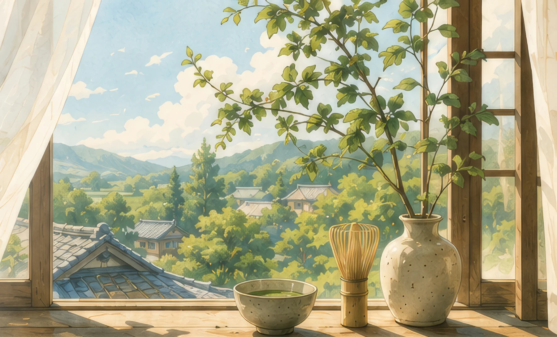 An open wooden window looking out over a Japanese valley, with a matcha bowl, bamboo whisk and a branch in a ceramic vase on the sill