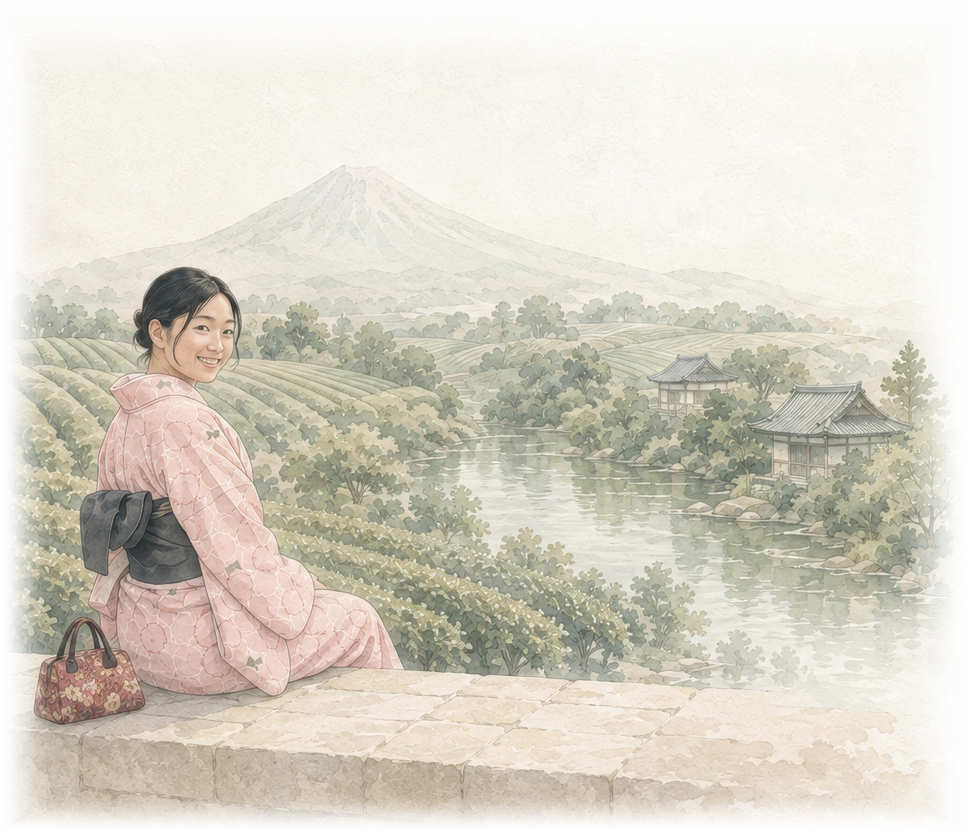 A watercolour of a Japanese tea valley: a woman in a pink kimono on a stone terrace, terraced tea rows running down to a river, timber buildings among the trees and a mountain beyond