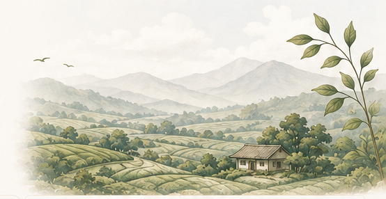 Illustration of terraced Japanese tea fields with distant mountains and a small farmhouse