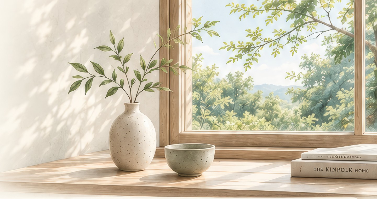 Illustration of a ceramic vase and matcha bowl on a sunlit windowsill looking out to trees